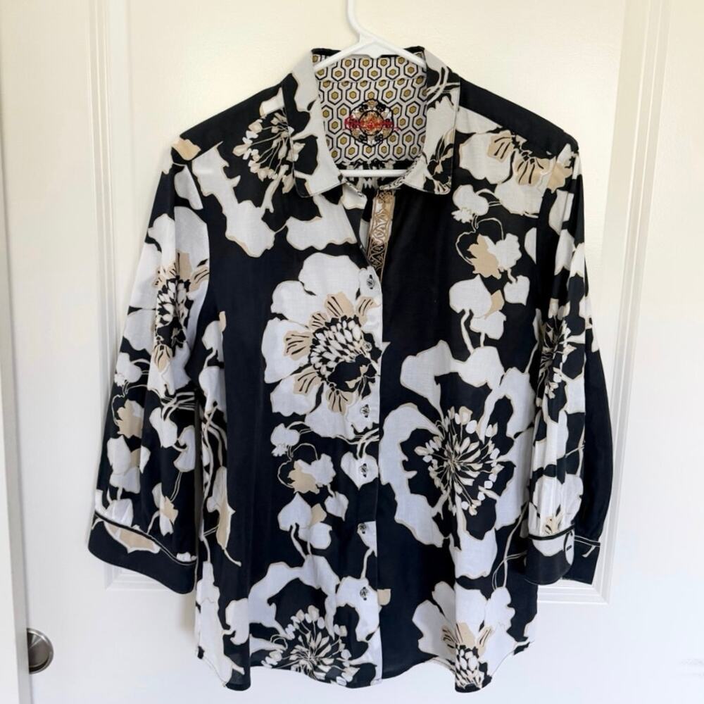 Robert Graham Hadley Lightweight Floral Button Down Shirt Black Cream White L